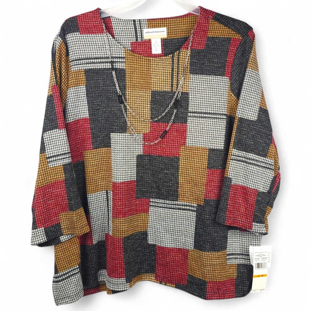 NWT Alfred Dunner Woman 3X Top Runway Ready Patchwork Houndstooth Knit Necklace